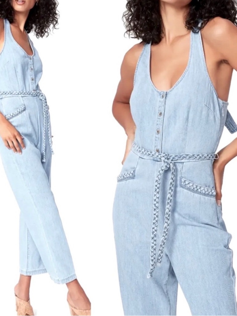 Anthropologie PAIGE Celia Cropped Denim Wide Leg Jumpsuit